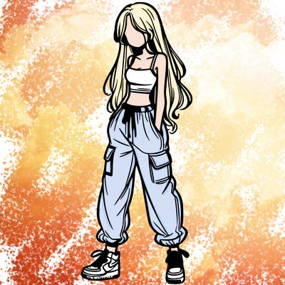 girl in baggy pants crop top and long hair