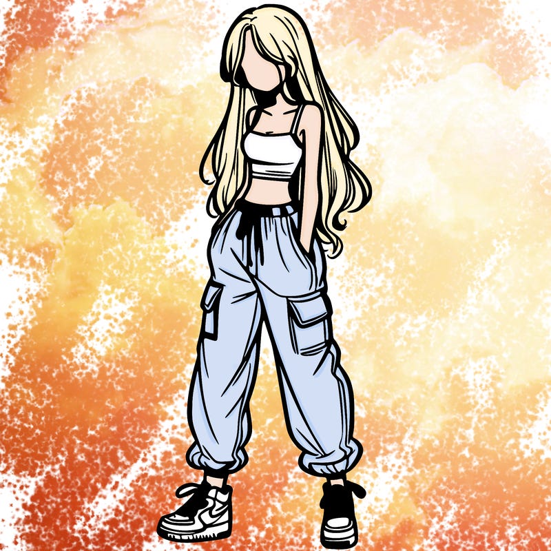 girl in baggy pants crop top and long hair