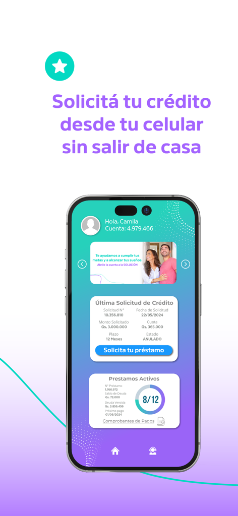 Che Dúo Digital - Pantalla del tablero de la aplicación Che Duo Digital en un teléfono móvil para solicitar préstamos personales y seguir créditos activos