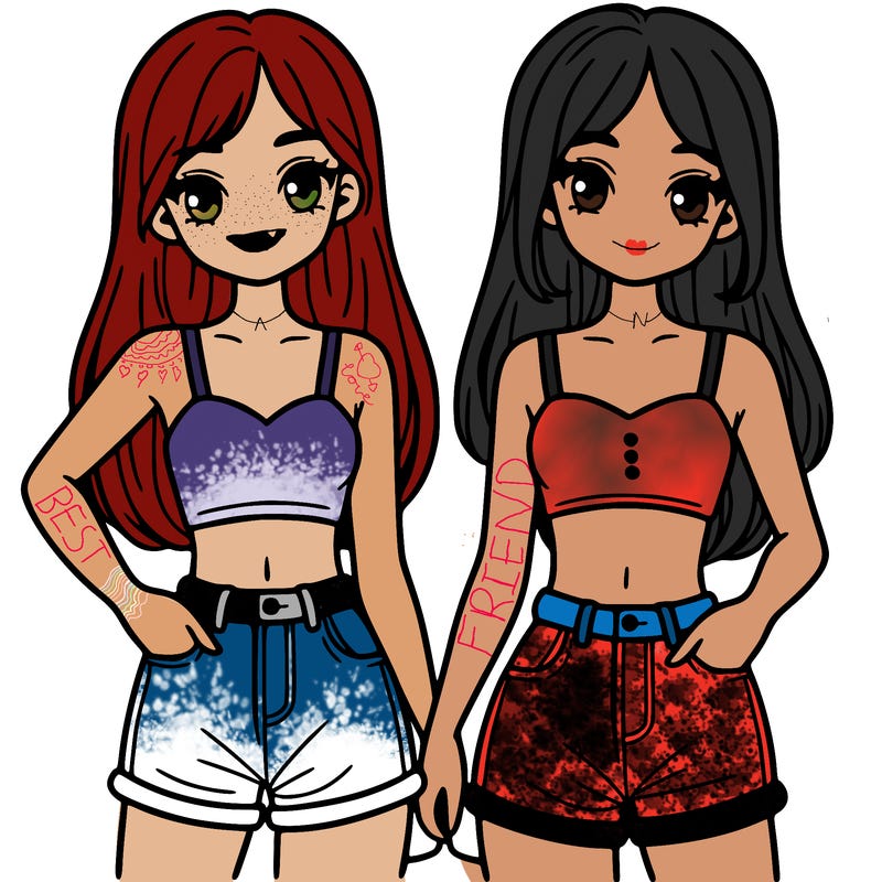 two sisters with crop tops and jean shorts and straight hair