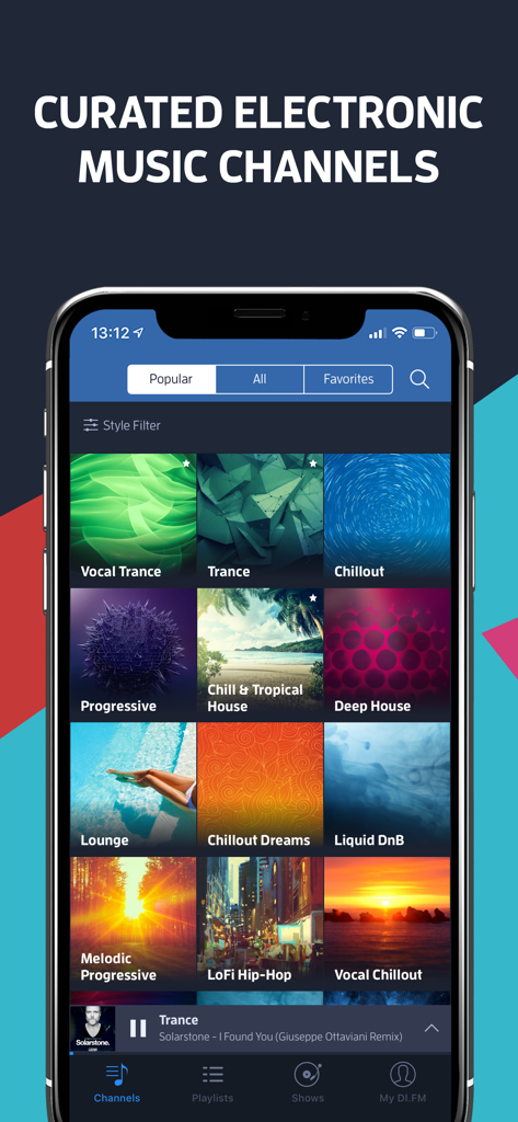 DI.FM mobile app interface displaying a grid of human-curated electronic music channels including Trance and Deep House.