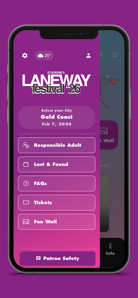 Laneway Festival - Laneway Festival mobile app menu screen showing city selection and event information