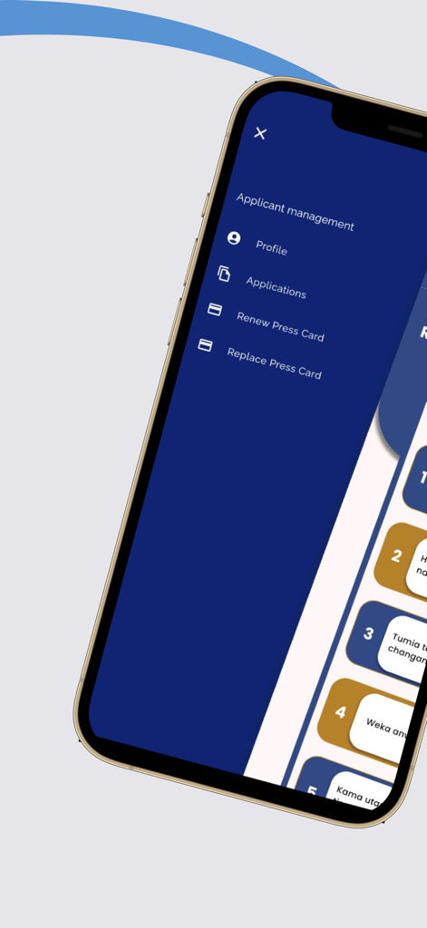 TAI-HABARI App-Oberfläche, die das Management-Menü des Antragstellers mit Optionen für Profil, Bewerbungen und Verlängerung des Presseausweises anzeigt.