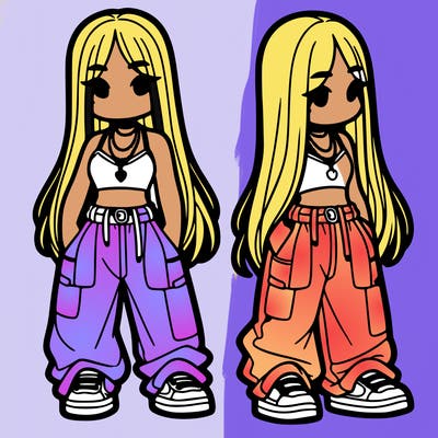 girl in baggy pants crop top and long hair