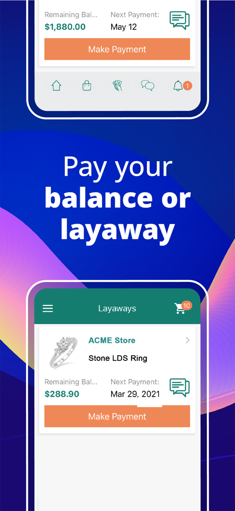 MobilePawn - Interface of the MobilePawn app for managing layaway payments and pawn balances