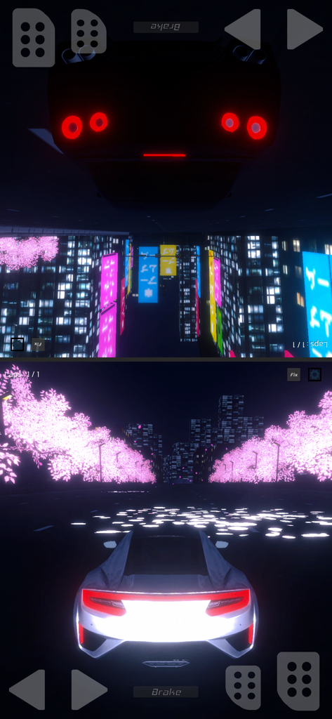 2 Player Racing 3D - Split screen gameplay of two players racing cars at night in a 3D city environment