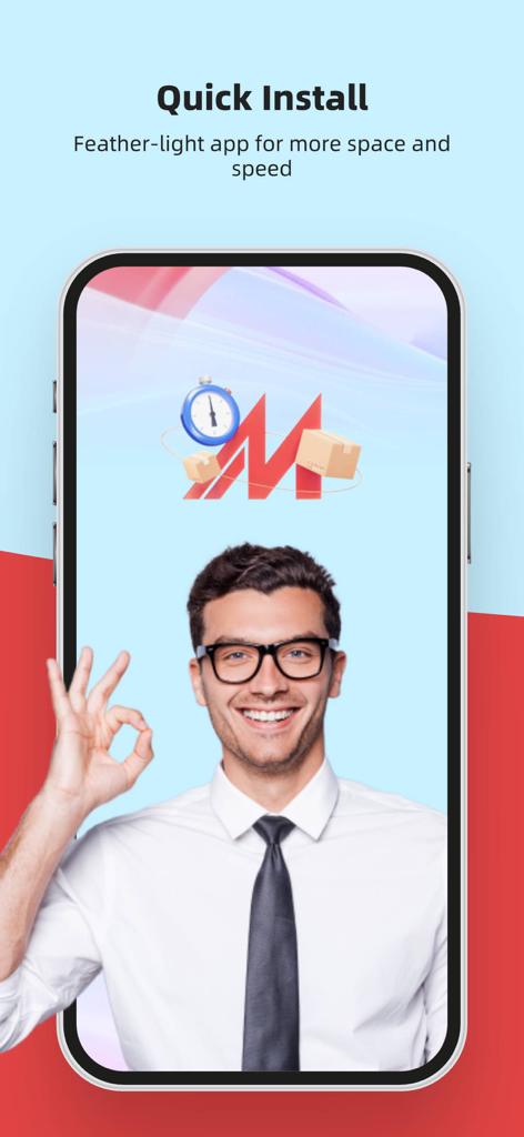 Made-in-China.com Lite - A smiling businessman promoting the quick install and lightweight performance of the Made-in-China.com Lite app.