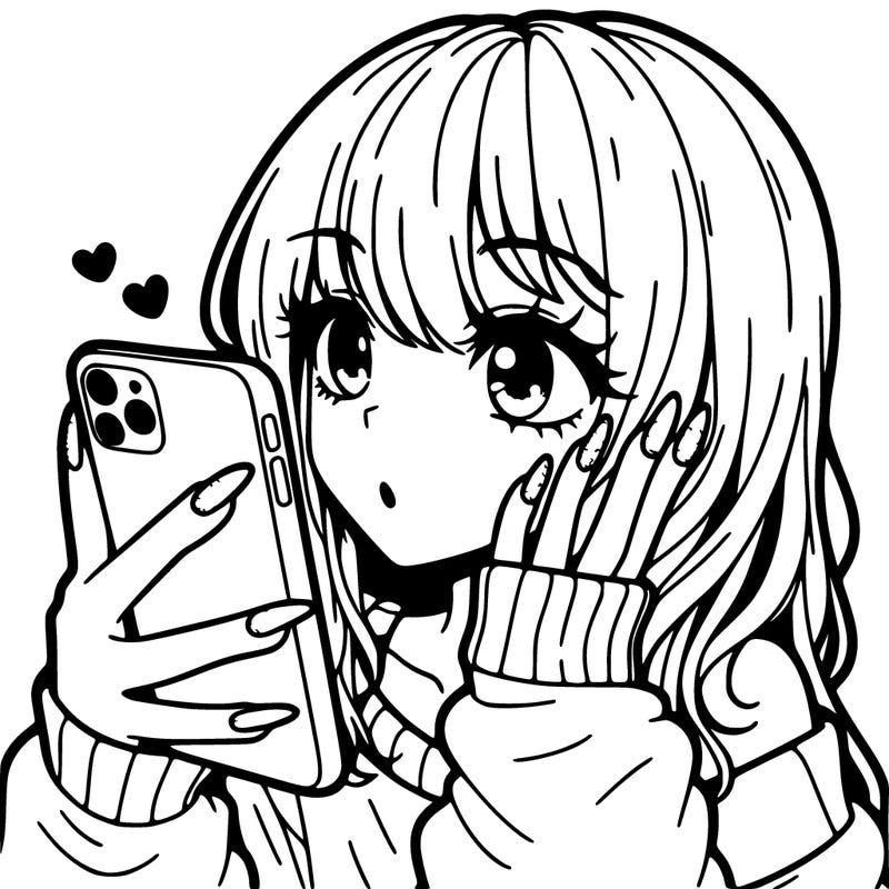an anime girl with acrylic nails and is on her phone,she has her hair out and has freckles