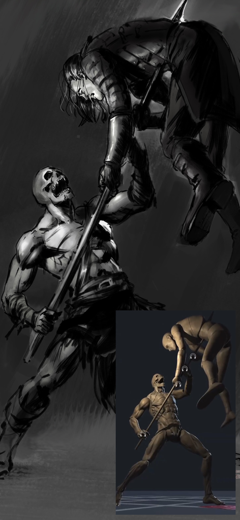 Poseit - Digital character sketch alongside the 3D mannequin reference used to create the dynamic combat pose in the Poseit app.