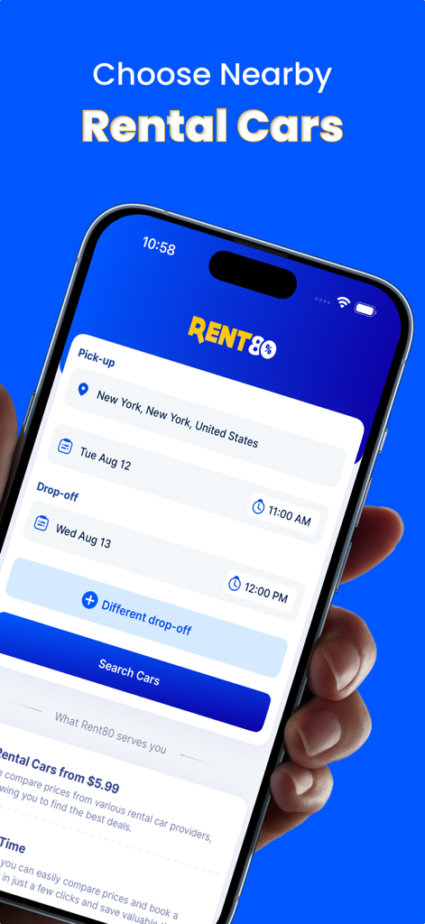 Rent80 mobile app showing a car rental search screen for New York