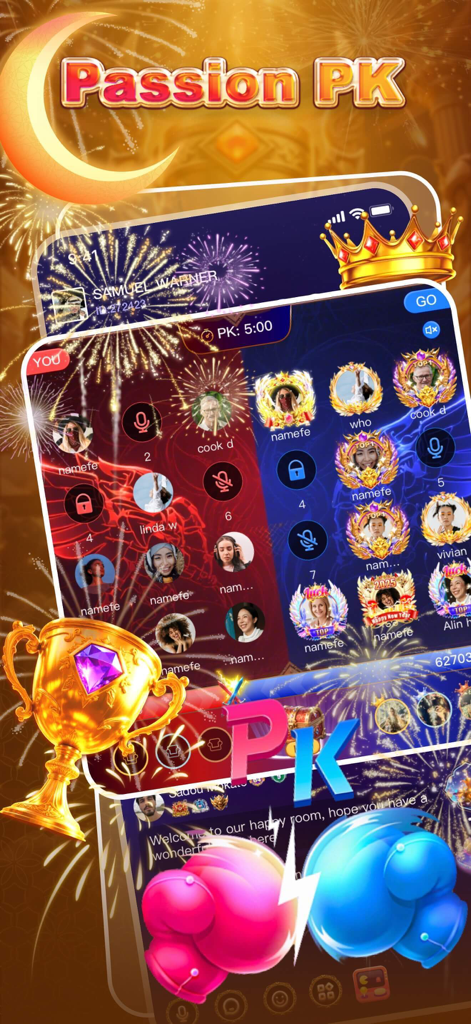 UME- Group Voice Chat Rooms - Schermata della competizione Passion PK di chat vocale UME che mostra stanze di chat vocale di gruppo e premi virtuali.