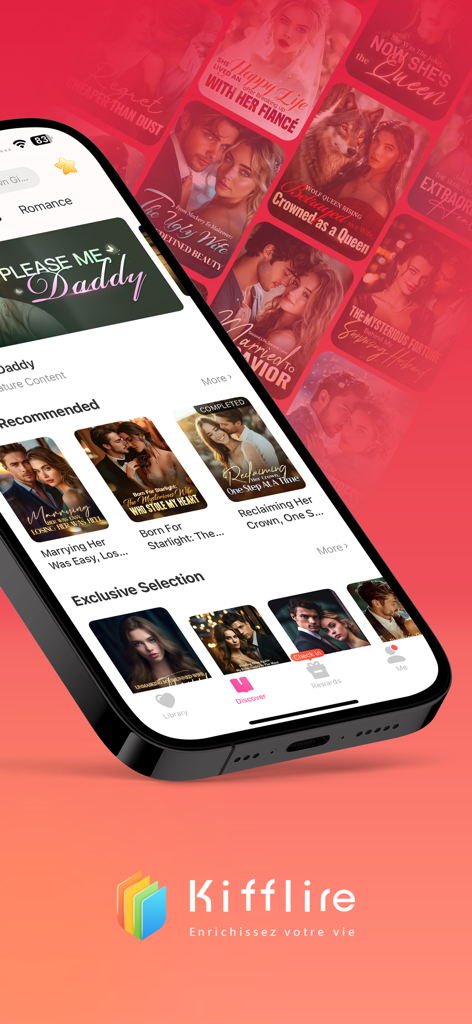 Kifflire:Fantasy Novel Stories - Kifflireアプリのインターフェース。様々なロマンスとファンタジーのウェブ小説の表紙とおすすめが表示されています。
