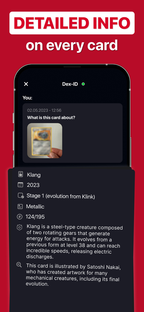 MonPrice: Card Value Scanner - Schermata dell'app MonPrice che mostra informazioni dettagliate per una carta collezionabile scansionata, inclusi nome, rarità e descrizione.