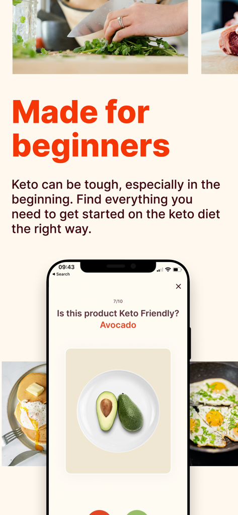 Keto Cycle app screenshot displaying a guide for beginners and a keto friendly food checker tool.