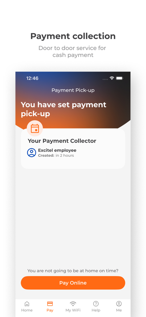 Interface of the my Excitel app showing a scheduled payment pickup and an option to pay online.