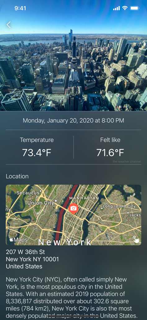 Pictory App - Pictory App screenshot displaying the weather temperature and location map for a photo taken in New York City