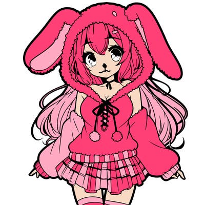 pretty anime girl wearing a fluffy hoodie with bunny ears on the hood and a skirt