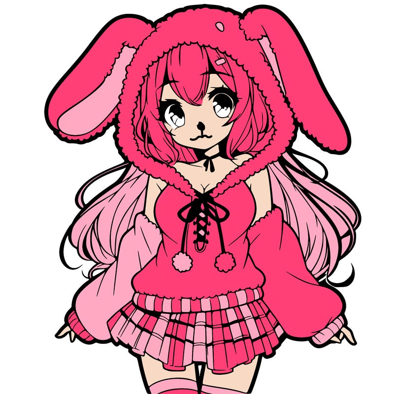 pretty anime girl wearing a fluffy hoodie with bunny ears on the hood and a skirt