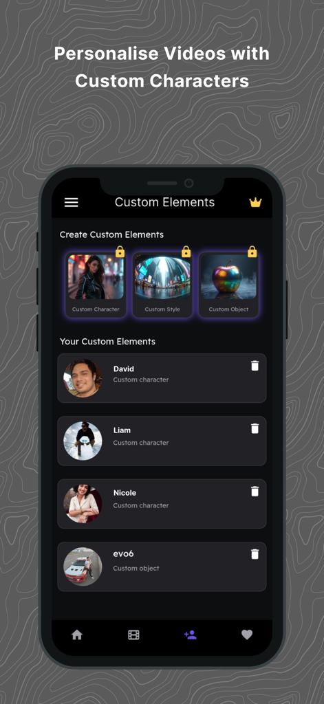 Cinemaya: AI Movie Generator - A mobile app screen showing options to personalize videos with custom AI characters and elements.