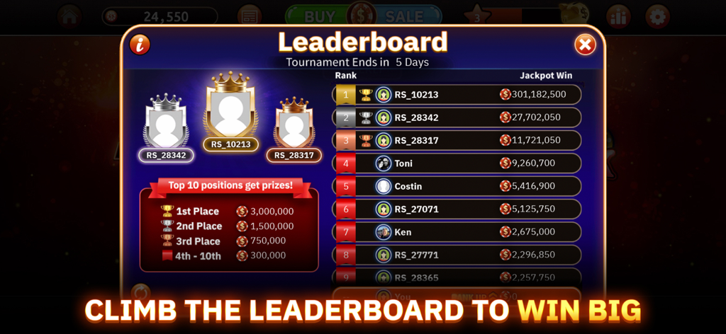 Tournament leaderboard in Blazing Bets Blackjack 21 showing top rankings and rewards