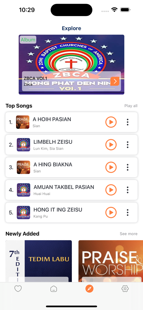 ZomiVerse - Smartphone screen of ZomiVerse app showing explore tab with Zomi Christian songs and hymn books.