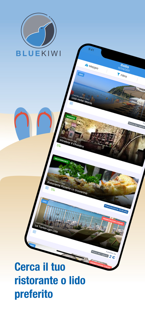 BlueKiwi - BlueKiwi app interface displaying beach club and restaurant listings for booking