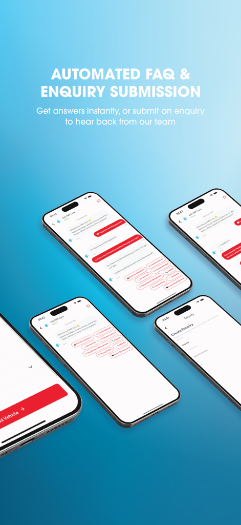 NBT Mobility - NBT Mobility app screenshot showing automated FAQ and enquiry submission interface on multiple iPhones.