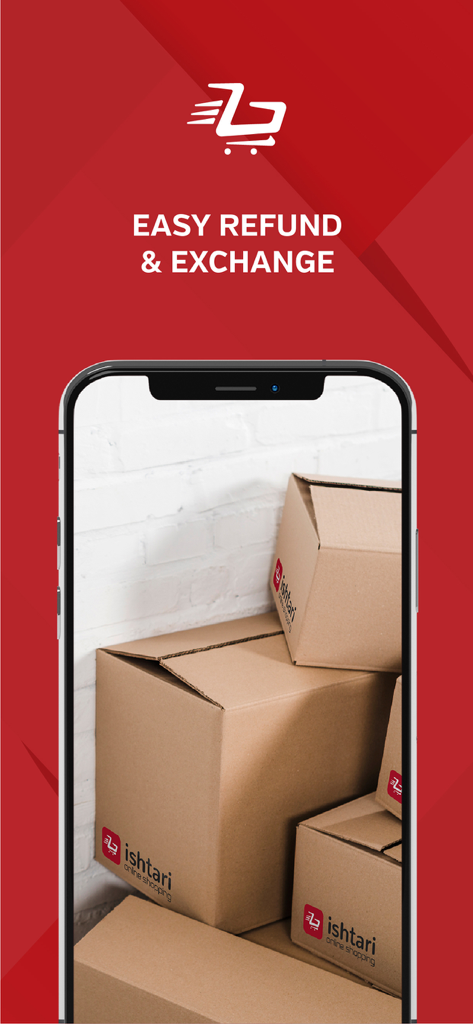 Ishtari app screen highlighting easy refund and exchange services with branded delivery boxes