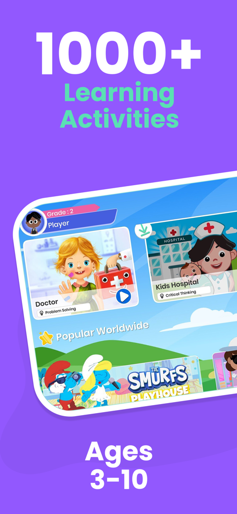 App menu showing doctor role-play games and educational activities for kids aged 3 to 10
