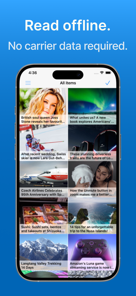 iPhone screen displaying Feed Viewer RSS reader interface with multiple news articles available for offline reading