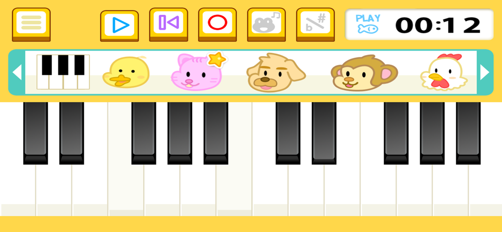 Interface de l'application mobile Animal Piano Mix montrant un clavier de piano avec d'adorables personnages d'animaux