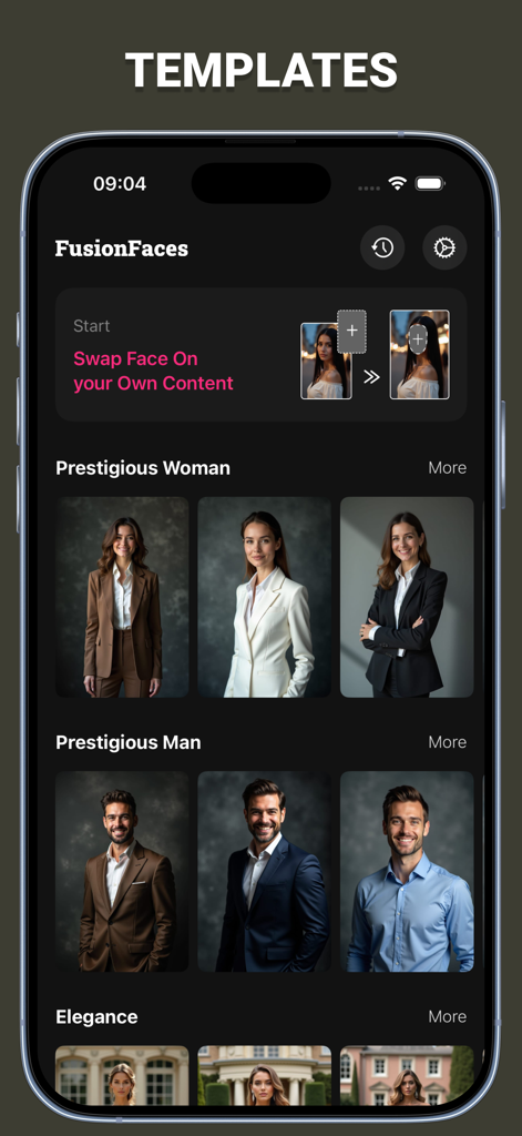 Deep Face Swap AI: FusionFaces - FusionFaces app interface displaying professional AI generated headshot templates for men and women.