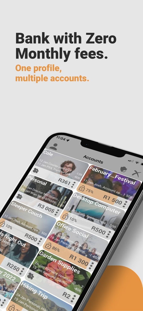 Bank Zero - Mobile phone screen showing the Bank Zero app accounts page with zero monthly fees and multiple account categories