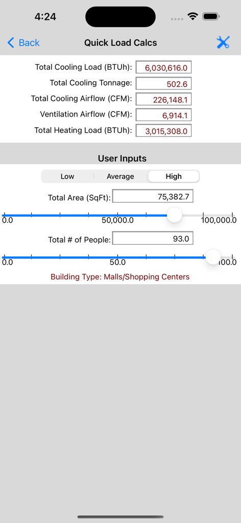 HVAC Quick Load app screen displaying cooling and heating load results for a shopping center based on area and occupancy.