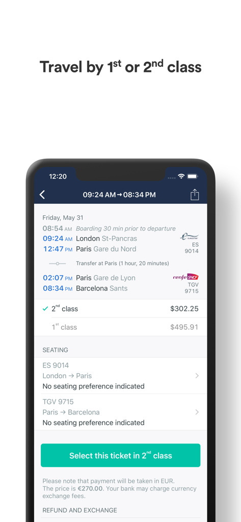 Écran de l'application Trainline Business EU montrant les options de billets de train en 1re et 2e classe pour un trajet de Londres à Barcelone.