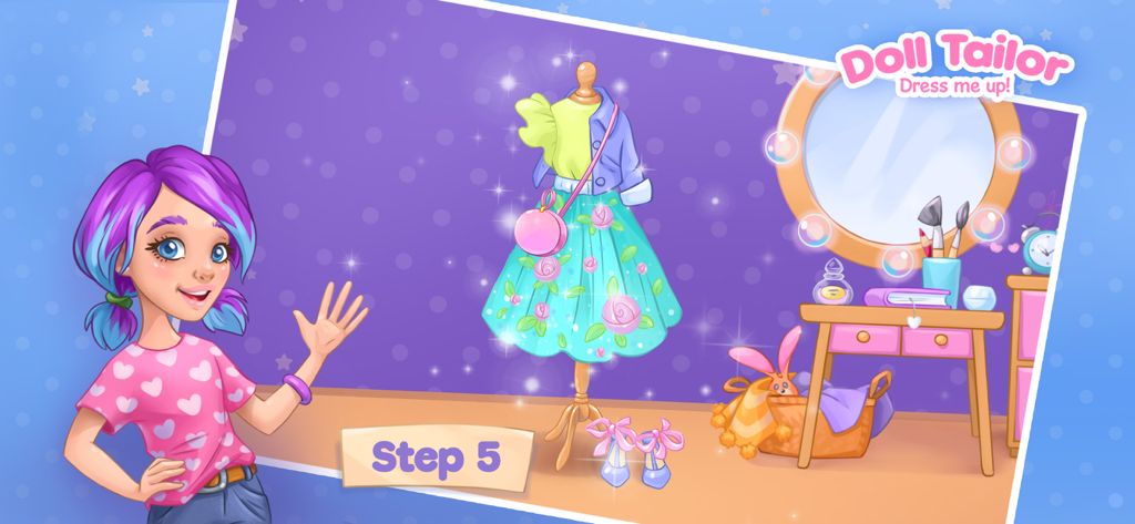 Sewing Games Fashion Dress Up - Alice acenando ao lado de uma roupa de moda personalizada em um manequim no jogo Doll Tailor