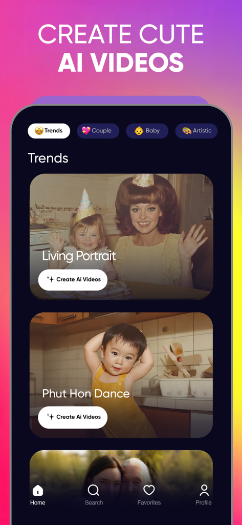 Revive app interface showing trending AI video templates for living portraits and dance animations.
