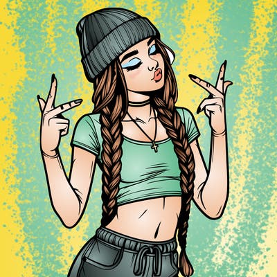 realistic teenage girl with braids and a beanie and crop top doing 🫶🏼