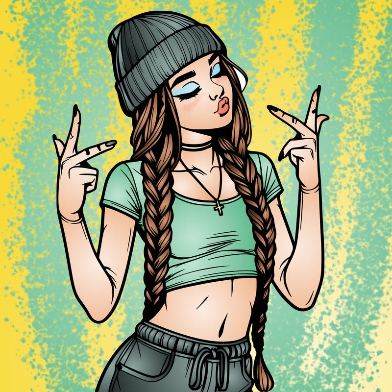 realistic teenage girl with braids and a beanie and crop top doing 🫶🏼