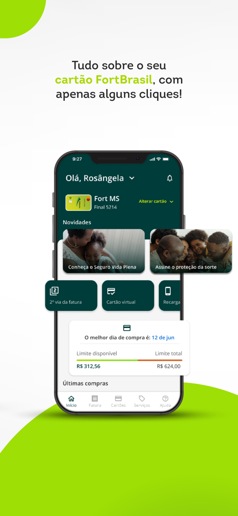 FortBrasil: Cartão de crédito - Painel do aplicativo de cartão de crédito FortBrasil mostrando visão geral da conta e limite de crédito disponível