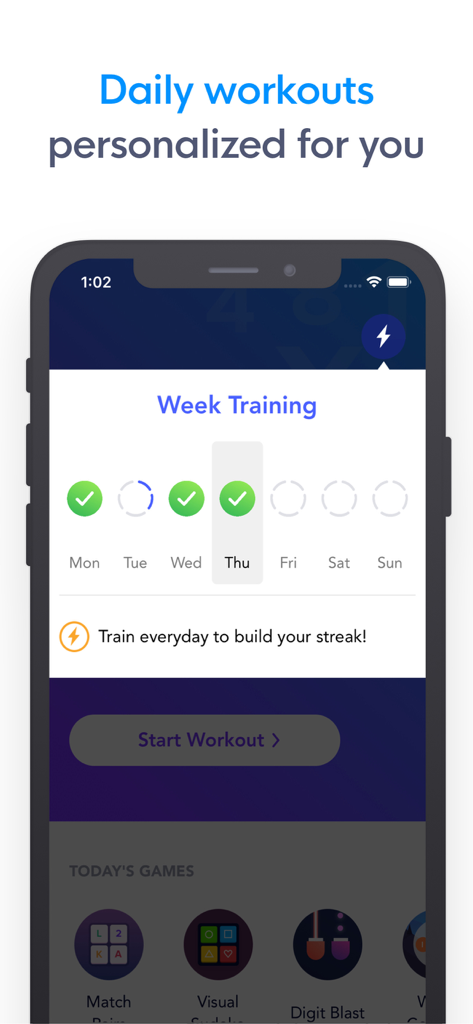 Interfaccia dell'app MindPal che mostra un allenamento cerebrale quotidiano personalizzato e un tracker di serie di allenamento settimanale