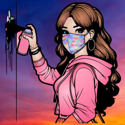 realistic girl with mask spray painting a wall
