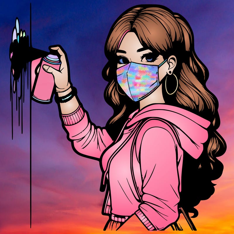 realistic girl with mask spray painting a wall