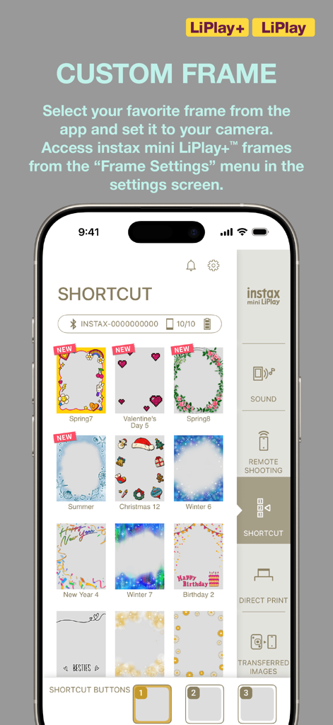 instax mini LiPlay - Interface of the instax mini LiPlay app showing a gallery of colorful custom photo frames for selection