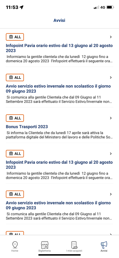 Autoguidovie - Screenshot of the service alerts section in the Autoguidovie app showing bus schedule updates for Lombardy