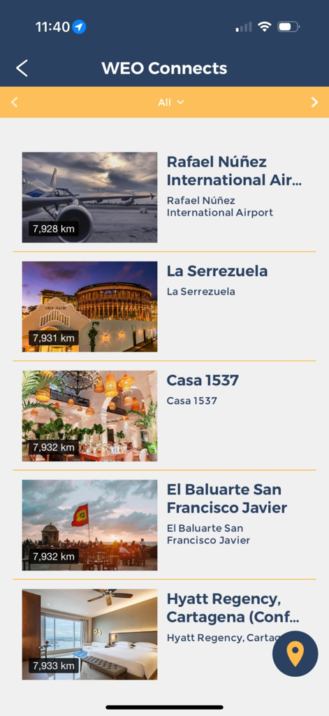 WEO Connects - Captura de tela do aplicativo WEO Connects mostrando uma lista de locais e sedes para uma conferência internacional, incluindo o Hyatt Regency Cartagena