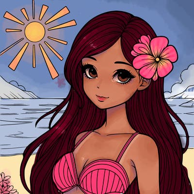 realistic girl with a flower on her hair and standing outside in the sun at the beach with a swimsuit on