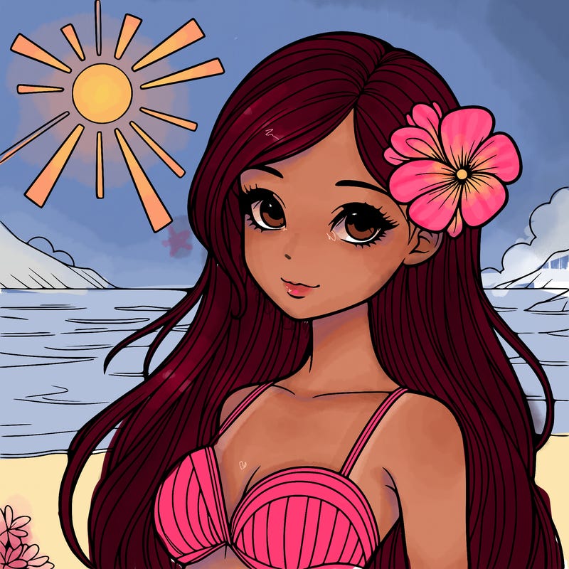 realistic girl with a flower on her hair and standing outside in the sun at the beach with a swimsuit on