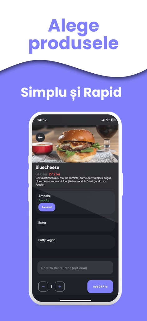Riveat: Food Ordering and More - Riveat app interface showing a bluecheese burger menu item with price discount and customization options