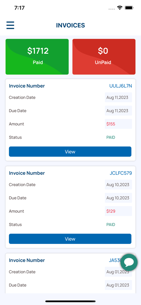The Doc App - The Doc App mobile interface showing a list of medical invoices with status labels for paid and unpaid bills.